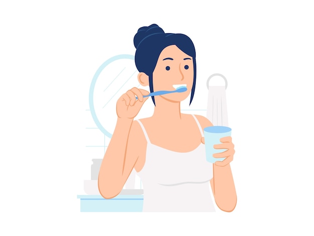 Woman in the bathroom brushing teeth and holding a glass of water concept illustration