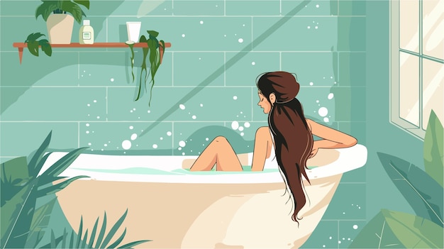 a woman in a bathtub with a plant on the top