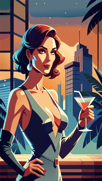 A woman in a beautiful dress gracefully holds a martini glass