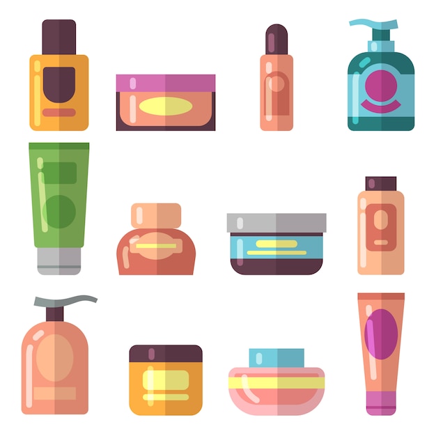 Woman beauty cosmetics product vector flat icons