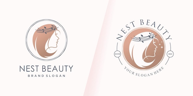 Woman beauty logo design vector with creative nest concept