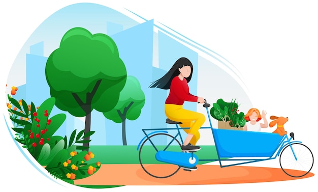 Woman on a bicycle with a child and groceries