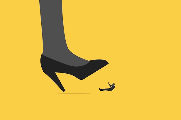 Vector woman big shoes trying to stomping step on his small worker or businessman