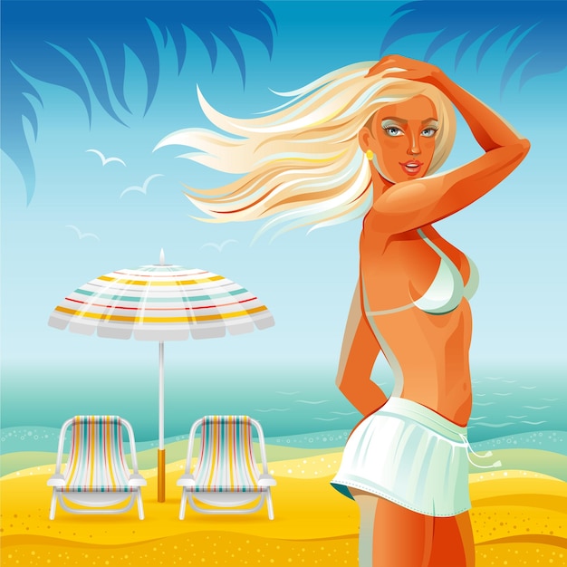 a woman in a bikini stands on a beach with a beach umbrella