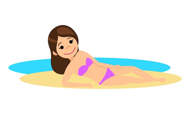 Woman in bikini sunbathing on the beach. Girl lying on the sand. The cartoon style