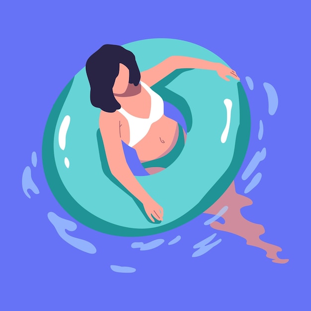 Woman in bikini swimming in inflatable rubber ring Young girl in swimwear floating in pool sea at summertime Female character in swimsuit relaxing on summer holiday Flat vector illustration