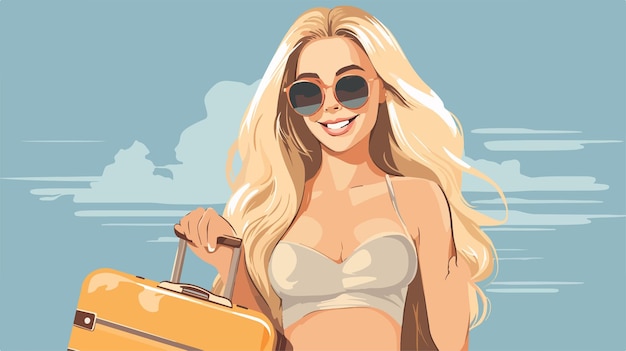 a woman in a bikini with sunglasses and a suitcase