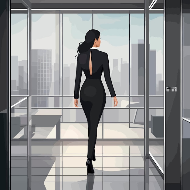 A woman in a black dress walks through a window with a view of the city.