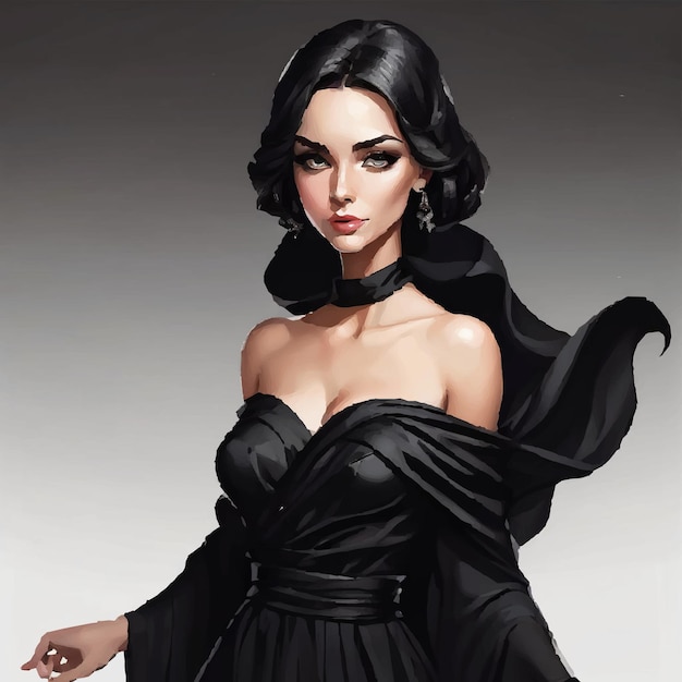 Vector woman in a black dress with character black background