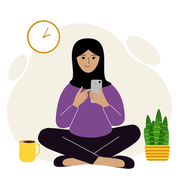 A woman in a black headscarf is sitting cross-legged and working on a mobile. Remote work or communication over the Internet. Vector flat illustration.