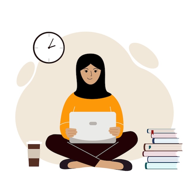 A woman in a black headscarf sits and works at a laptop. Muslim woman in a black scarf. Remote work or communication over the Internet. Satisfied, joyful. Vector flat illustration.