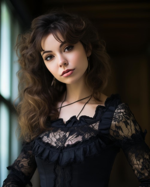 a woman in a black lace dress posing for the camera