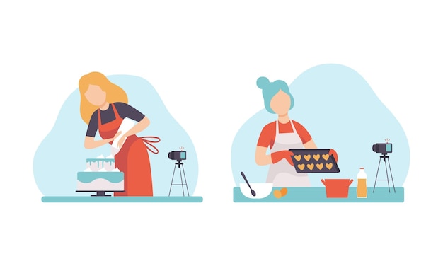 Vector woman blogger or vlogger making video content for cooking and baking channel vector set