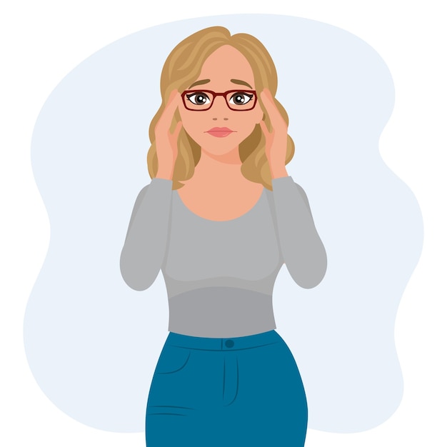 Woman blonde in glasses in a stressful situation. Emotions and gestures. Flat style illustration