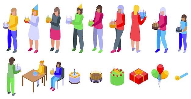 Vector woman blow candles icons set people are celebrating a birthday party holding cake gift box balloon and decoration