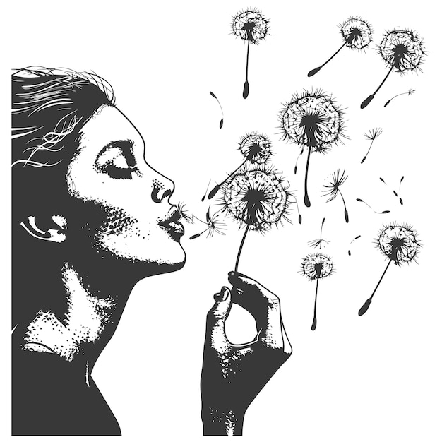 Vector a woman blowing on a dandelion with seeds dispersing