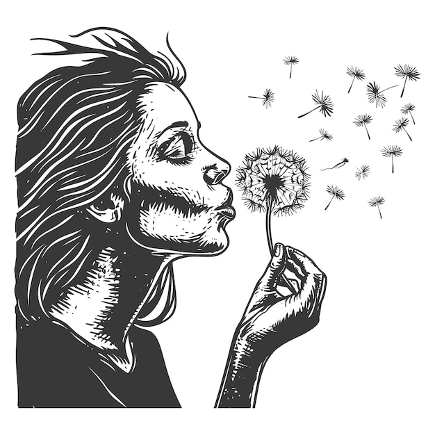 Vector woman blowing on a dandelion with seeds scattering in the wind