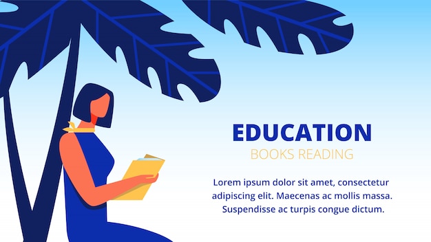 Woman in Blue Dress Read Book Under Palm Tree. Banner template