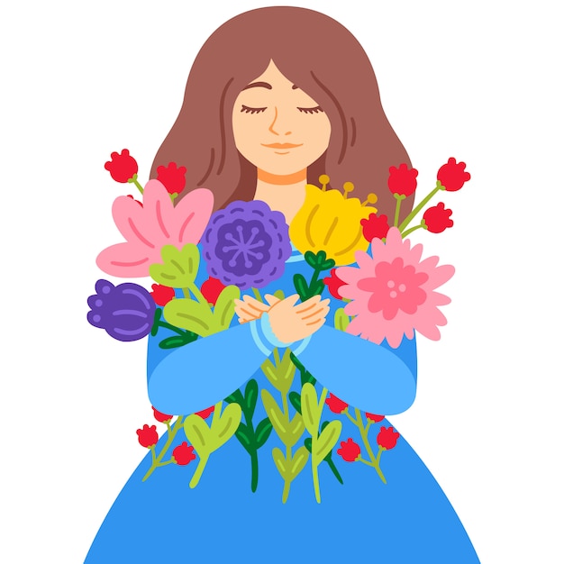 Woman in a blue dress with a bouquet of flowers. Mother's Day. 8 March International womens day greeting card concept.