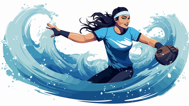 a woman in a blue shirt is surfing on a wave