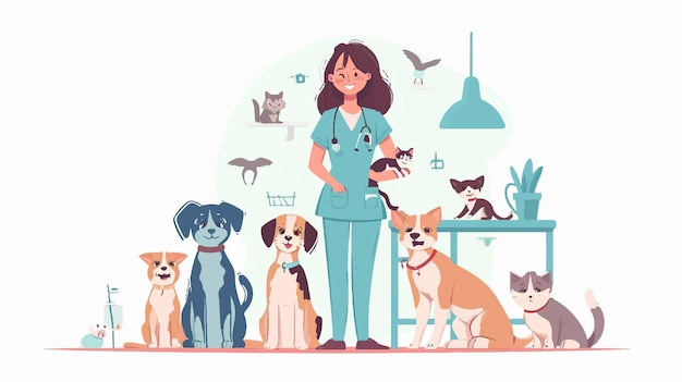 a woman in a blue uniform with dogs and dogs