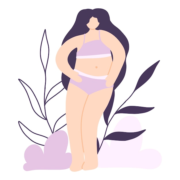 Woman body positive Poster with girl and leaves Vector illustration