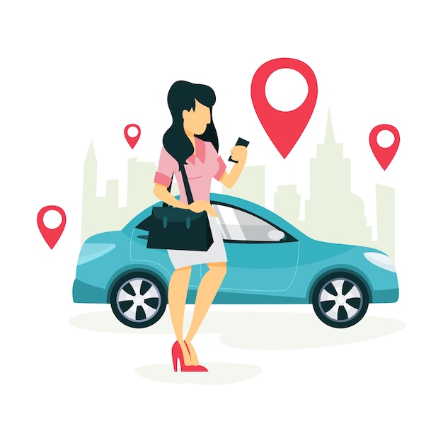 Woman book a taxi by a app on the mobile phone. Transportation service online. Travel concept.    illustration