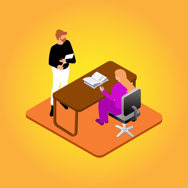 a woman boss watching men employ work in her office. woman boss move vector illustration.