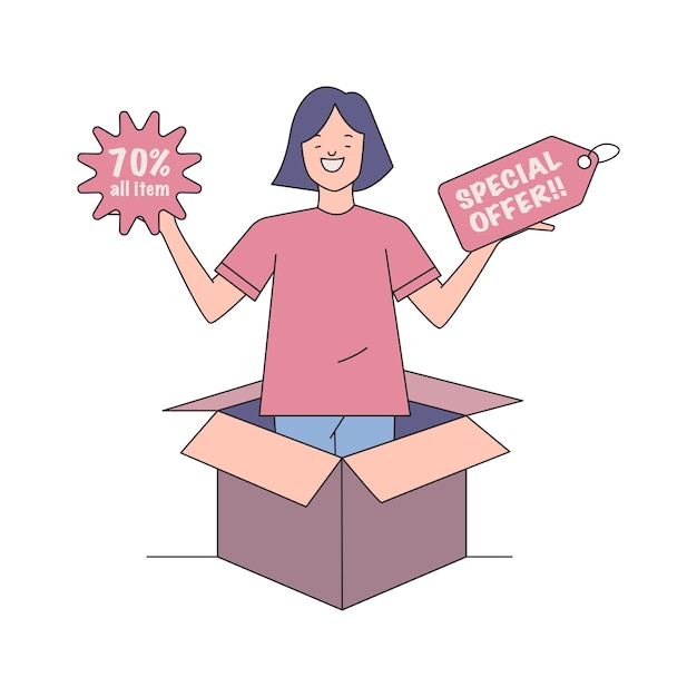 a woman in a box with a sign saying special offer for 70 off