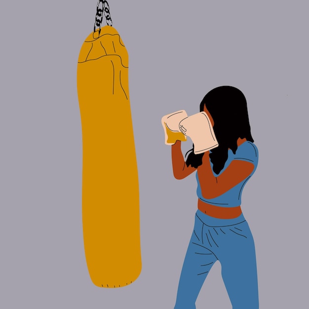 Woman in boxing gloves posing at punching bag in sportswear. Girl power concept. Cartoon vector