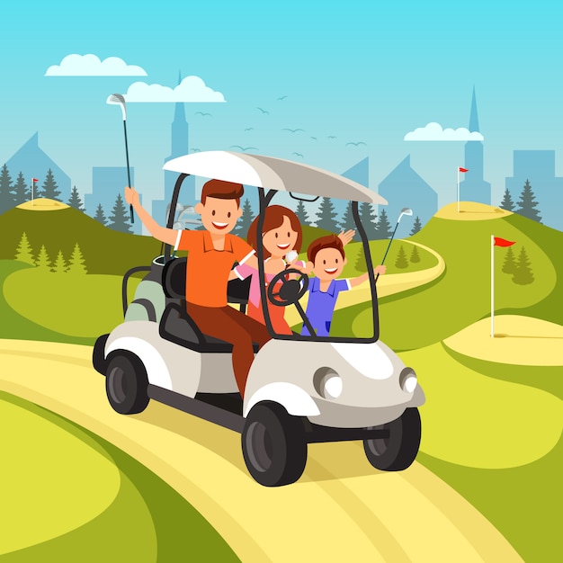 Woman and Boy Going to Play Golf by Cart.