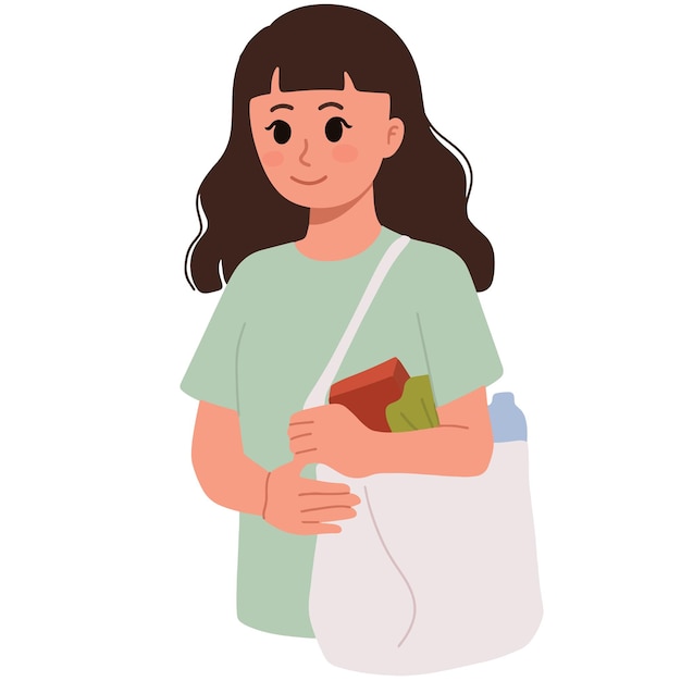 Woman brings groceries in a tote bag with vegetables and milk illustration