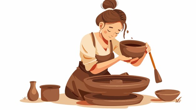 Vector a woman in a brown apron is cooking a pot of coffee