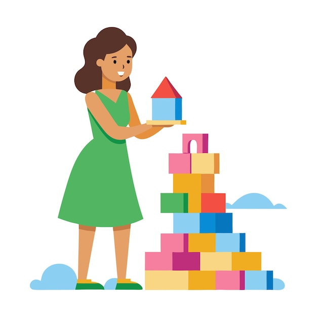 Vector woman building block tower with colorful blocks