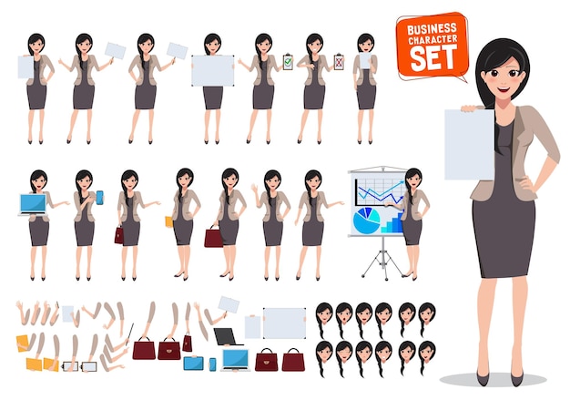 Woman business character vector set Female office worker holding blank empty white board