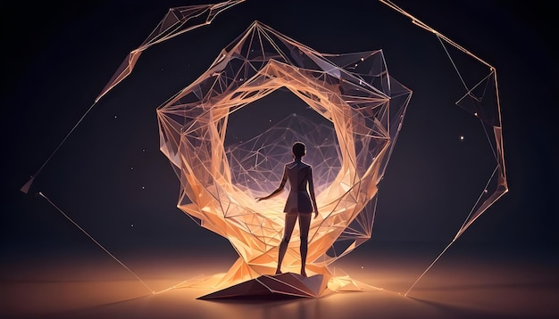 Vector a woman in a business suit standing on a platform surrounded by a glowing geometric structure the scene is set against a dark background and creates a sense of futuristic exploration