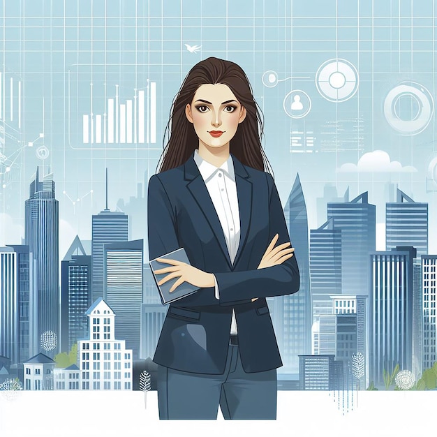 A woman in a business suit stands in front of a city skyline illustration design