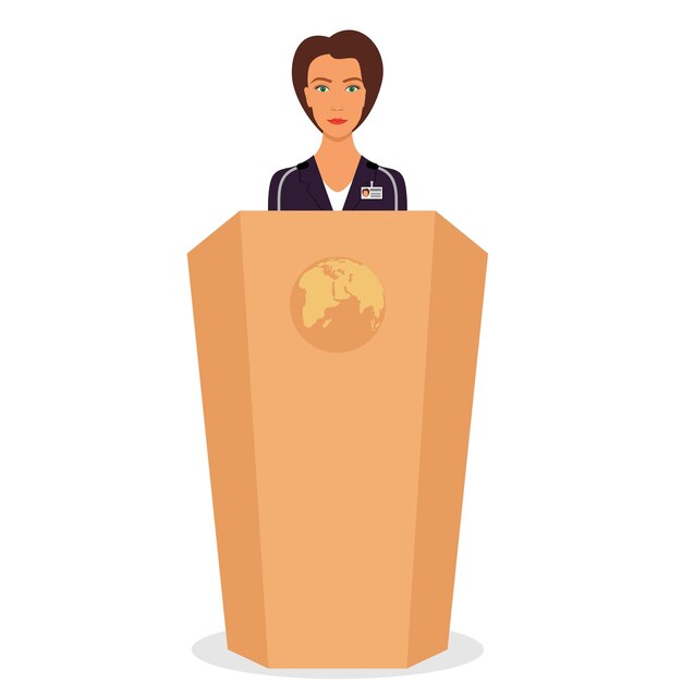 Vector woman in a business suit stands on a podium in front of the microphones woman orator speaking from tribune vector illustration