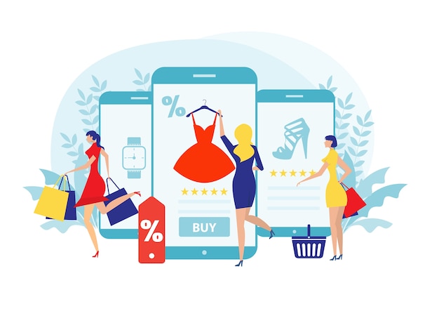 Woman buy things in the online store. Shopping on social networks through phone flat design style. 