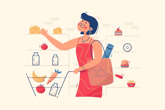 Woman buying food in store illustration