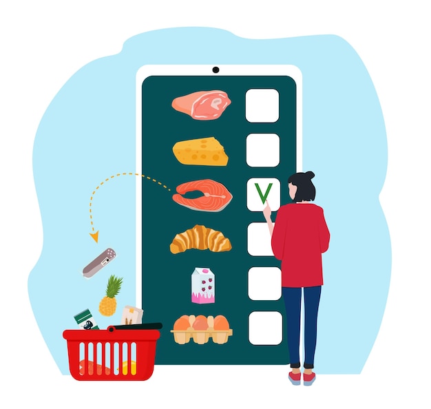 Vector a woman buys food in a mobile app. online supermarket, ordering groceries.