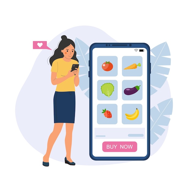 Woman buys organic products via smartphone Vector illustration