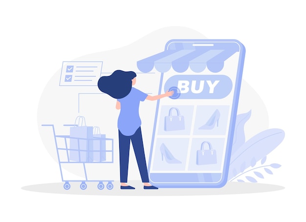 A woman buys things in an online store online shopping Modern vector flat illustration