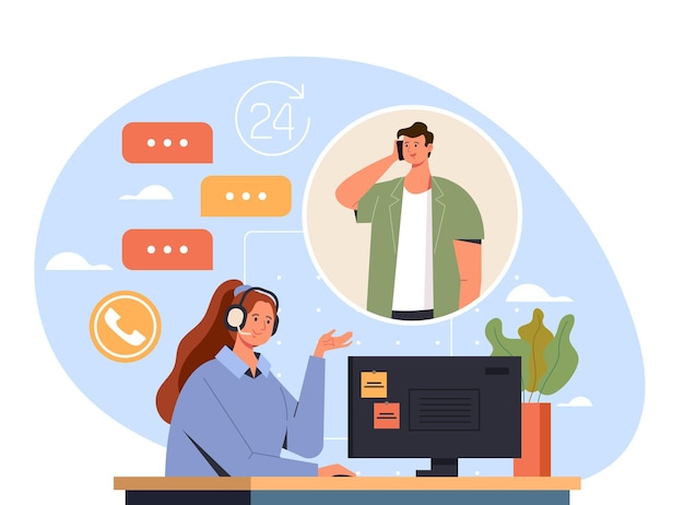 Woman call center worker consult man client concept,  illustration