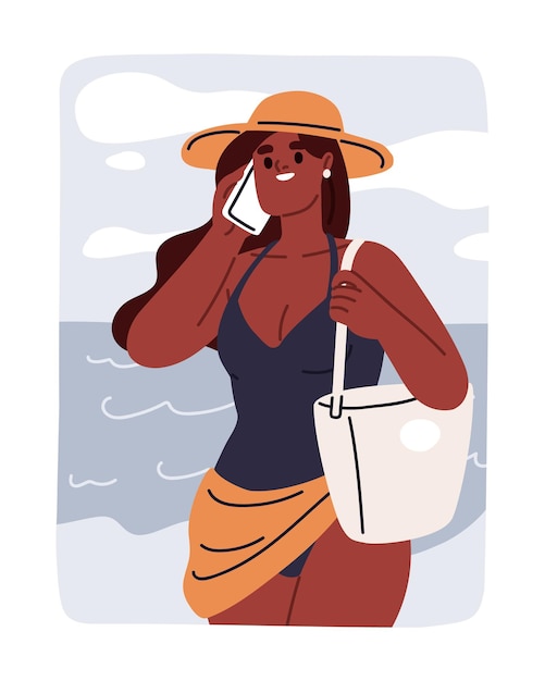 Woman calling speaking on mobile phone on summer vacation Happy black girl talking on smartphone relaxing on beach sea resort on holiday Cellphone chat during rest Flat vector illustration