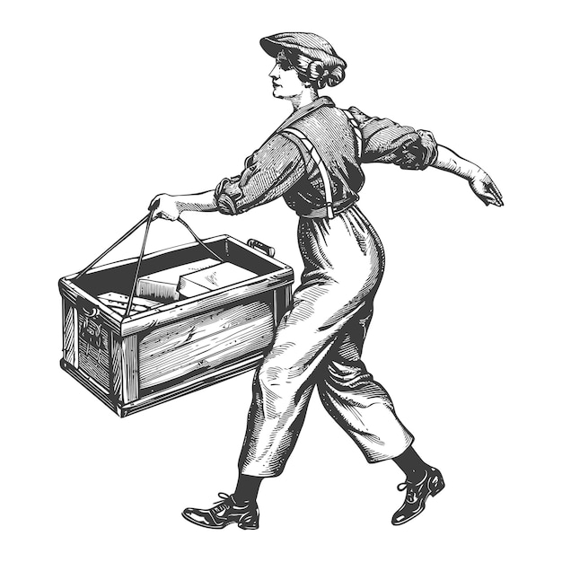 Vector woman in a cap carrying a wooden crate with objects inside