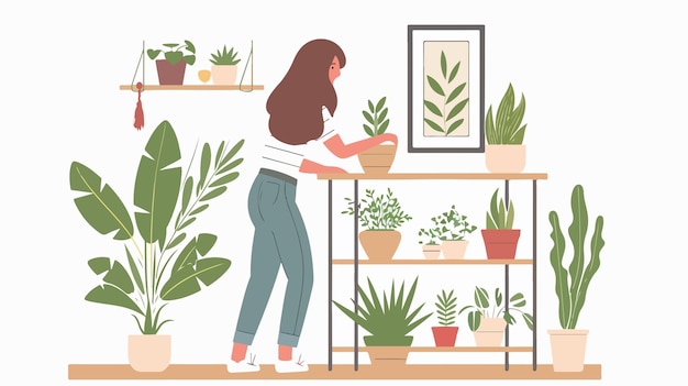 Vector woman caring for plants in living room interior