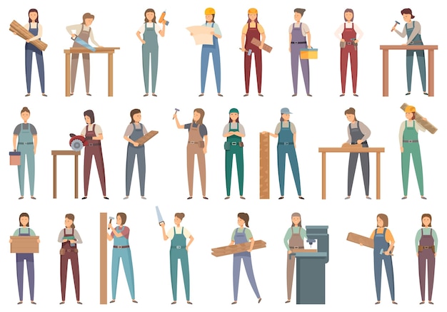 Woman carpenter icons set cartoon vector Art work Worker person