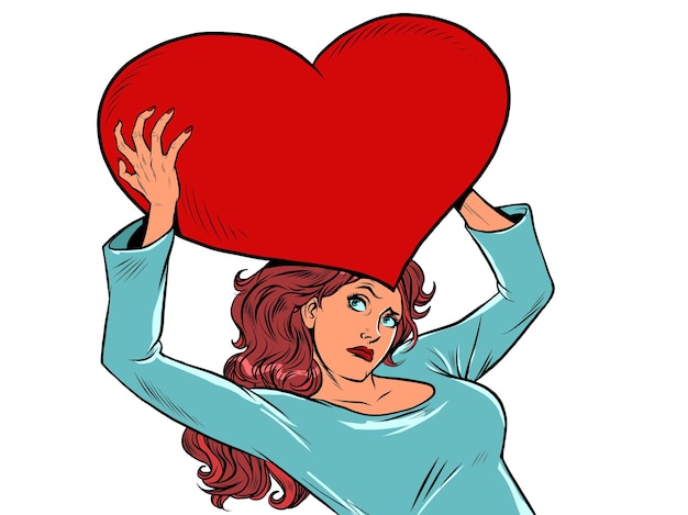 Vector a woman carries a large red valentine heart in her arms romance and love