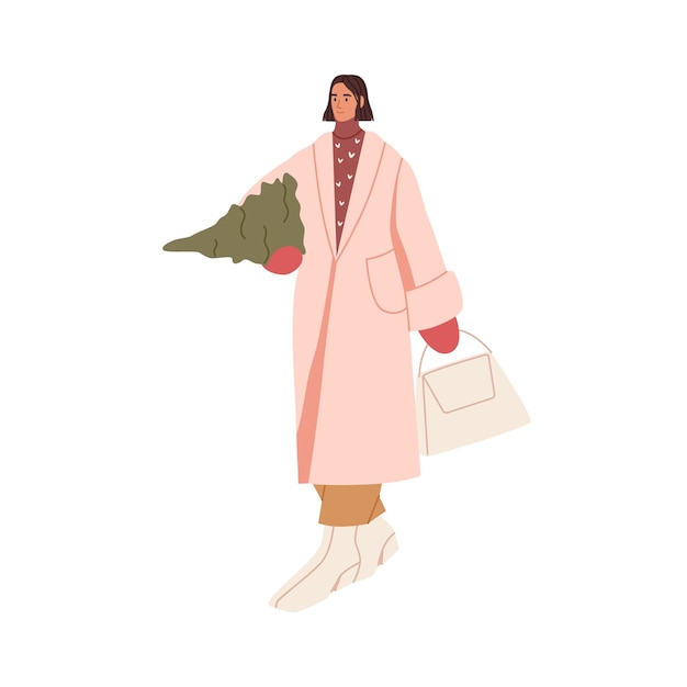 Woman carrying Christmas tree after winter shopping Person walking and holding Xmas fir for holiday season Female preparing for New Year Flat vector illustration isolated on white background